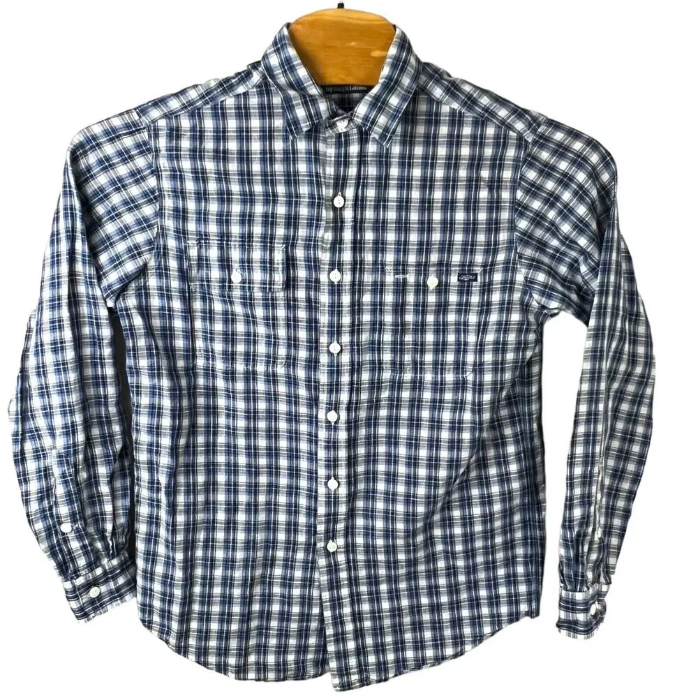 Polo Ralph Lauren Blue Plaid Linen Blend Long‎ Sleeve Button Up Shirt Medium